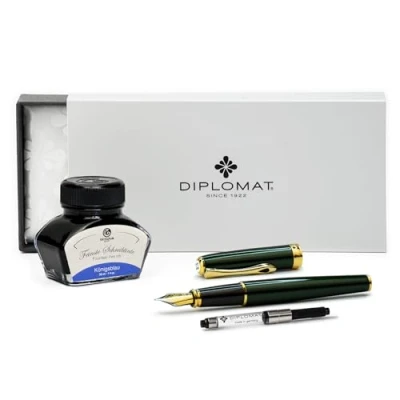 Image of Diplomat Excellence A2 Evergreen Gold Plated Fountain Pen with Writing Ink and Converter, Stainless Steel Nib Medium Set