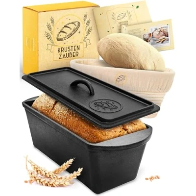 Image of KRUSTENZAUBER Bread Baking Mould with Lid Including Proofing Basket Robust 28 cm Cast Iron Ideal as Loaf Mould, Toast Pot