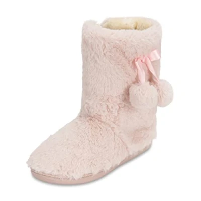 Image of Polar Womens Faux Fur Slipper Boots Memory Foam Indoor Bootie with Anti Slip Rubber Sole Soft and Fluffy House Cute Pompoms Ankle Boot Slippers Pink AYC0901/UK5