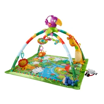Image of Fisher Price Rainforest music &amp; Lights Deluxe Gym, baby gym with lights, and colorful characters, GXC35