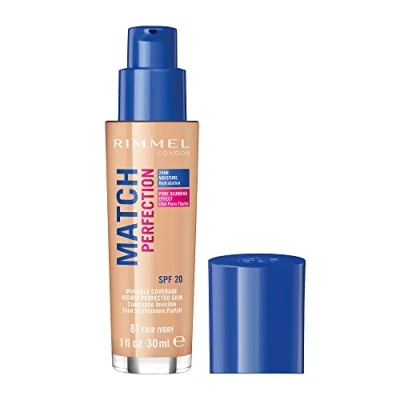 Image of Rimmel Match Perfection Foundation 081 Fair Ivory, Medium Coverage, 24hr Hydration, No Caking or Creasing, Lightweight, Reduces Imperfections, Invisible SPF20, Cruelty Free