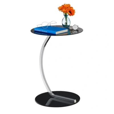 Image of Relaxdays side table, round, glass tabletop, steel base, modern design, end table for the couch, black