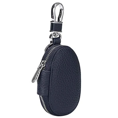 Image of Aileder Car Key Chain Bag Genuine Leather Smart Keyless Entry Fob Keychain Holder Zipper Remote Control Case Cover Protector Pouch Keyring Wallet for Men and Women (Dark Blue)