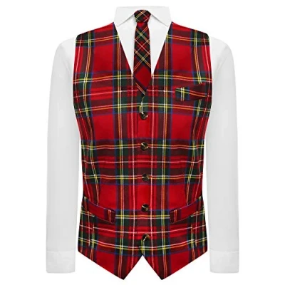 Image of Traditional Red &amp; Yellow Tartan Check Waistcoat Tie Set XL 44in Chest