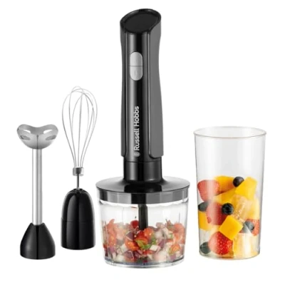 Image of Russell Hobbs Hand Blender [3 in 1 Mixer] Electric Chopper (Food Processor with 3 Attachments for Baby Food, Smoothies, Soup, 2 speeds + pulse, Stainless steel, BPA Free) Matte Charcoal 27141