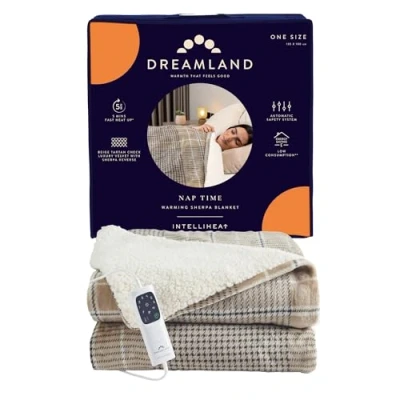 Image of Dreamland Nap Time Warming Sherpa Overblanket Beige Tartan Check