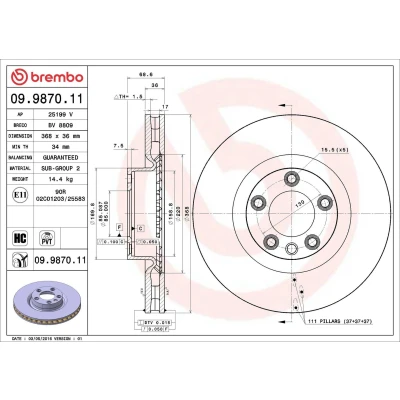 Image of 95535140300 Brake DISC BREMBO Coated LINE 09.9870.11 368mm 36mm 5 internally vented High carbon VOLKSWAGEN: Touareg I, PORSCHE: Cayenne