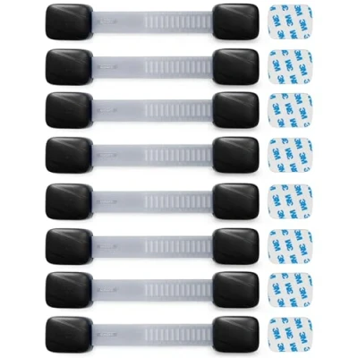 Image of AYCORN® Baby Safety Straps Furniture &amp; Cupboard Locks for Children Kids Safe, Adjustable Flexible Cupboards, Bin, Drawer, Freezer, Toilet Cabinets (Pack of 8) Black