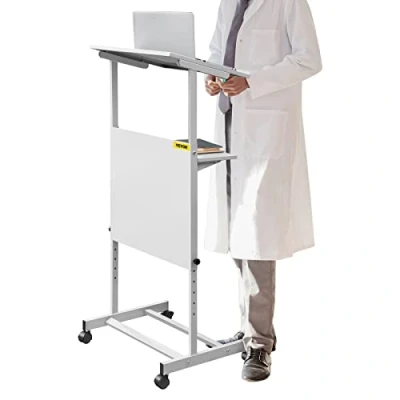 Image of VEVOR Standing Lectern, Height Adjustment Portable Pulpit, 4 Rolling Casters Lectern Podium Stand, Lower Storage Shelf Floor Podium, White Lecterns &amp; Podiums for Classroom Concert