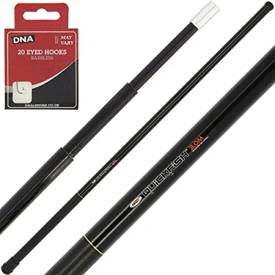Image of DNA NGT 3m 10FT Telescopic 3 Section Fiberglass Carp Coarse Fishing Landing Net Handle + 20 Eyed Hooks