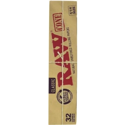 Image of Raw Classic Natural Unrefined 1 1/4 Pre Rolled Rolling Paper Cones 32 Per Box