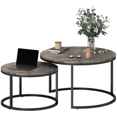 Image of HOMCOM Nest of Tables, Round Coffee Table Set 2, Tables with Steel Frame for Living Room, Marble Dark Grey