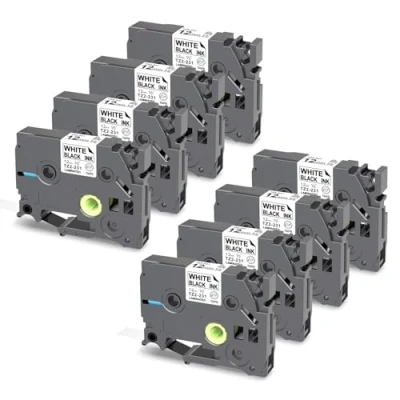 Image of 8 X Label Printer Tape Compatible with Brother TZe 12mm Replacement for 231 P Touch H100R H101C H110 Maker, Black on White