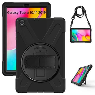 Image of Gerutek for Samsung Galaxy tab a 10.1 2019 SM T510/T515 Case, Heavy Duty Shockproof Tough Case with 360 Rotating Stand/Hand/Shoulder Strap Protective Cover 2019,Black