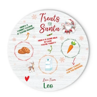 Image of Personalised Santa Plate Christmas Eve Treats Reindeer Food Wooden Round Board (White Plate)