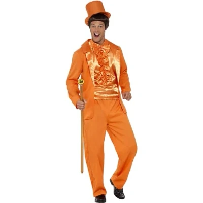 Image of Smiffys 90s Stupid Tuxedo Costume, Orange with Jacket, Trousers, Mock Shirt &amp; Hat, 1990&#039;s Fancy Dress, 1990s Dress Up Costumes