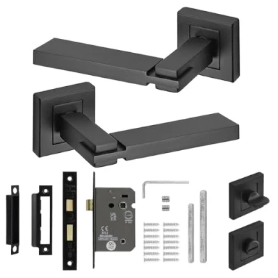 Image of Decoranddecor Alloy Door Lever Handle Set Black on Square Rose with Bath Lock (MattBlack)