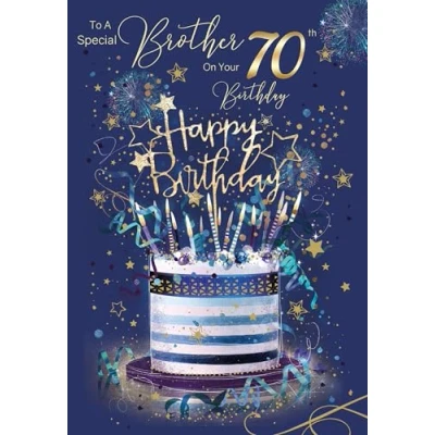 Image of Cherry Orchard Brother 70th Happy Birthday Card with Cake Design and Gold Foil finish Envelope from