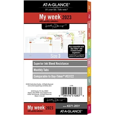Image of AT A GLANCE 2023 Weekly &amp; Monthly Planner Refill, 53122 Day Timer, 9.5 x 16.5 cm, Size 3, Portable Size, Kathy Davis (KD71 285Y)