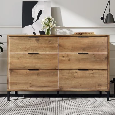 Image of Merax Sideboard Cabinet: 6 Drawer Chest Storage Cabinet for Living Room Large Wicker Fronted Unit Lounge &amp; Hallway 40D x 120W 83H cm （Dark Oak Color）