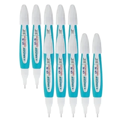 Image of CP15 Shake n Squeeze Precision Correction Pens, 0.8mm Point, WHITE Fluid, 5ml, Pack of 10, Metal Tip, Quick Drying, Squeezable Barrel, iZOFAX Black Ball Pen