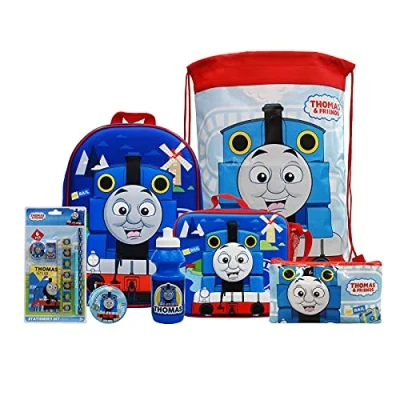 Image of simpahome Thomas &amp; Friends 7PC Back to School Bundle inc 3D Backpack, Drawstring Sports Bag, Insulated Lunch Water Bottle, Coin Pouch, Pencil Case Stationery Set.