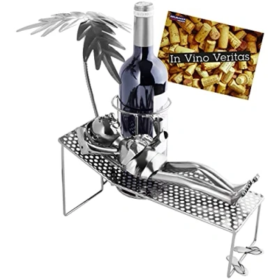 Image of BRUBAKER Wine Bottle Holder Woman on Holiday Metal Sculpture Stand with Palm Tree and Lounger Gift Greeting Card