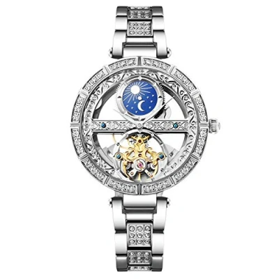 Image of RORIOS Women Watches Mechanical Watch Leather Band Automatic Self Winding Wristwatch Moon Phase Luminous for Ladies
