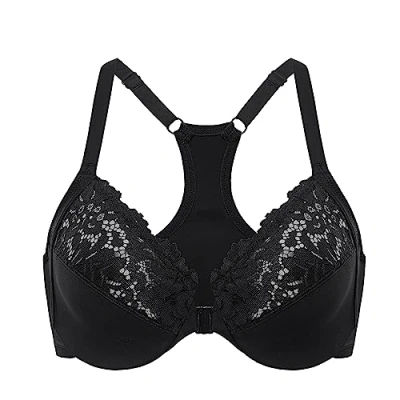 Image of Delimira Women&#039;s Racerback Front Fastening Bras Plus Size Full Coverage Lace Underwire Unlined Support Black 36B