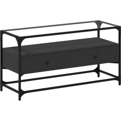 Image of vidaXL TV Cabinet with Glass Top Black Engineered Wood Media Unit Metal Frame 98 x 35 51 cm Trendy Design