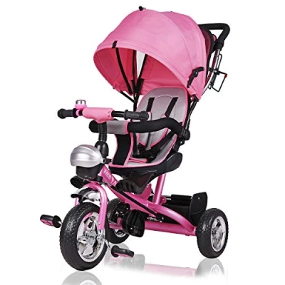 Image of Spielwerk® Children&#039;s Pink Tricycle With Safety Belt Push Rod Detachable Adjustable Footrest Roof Removable Basket Bicycle Trike Bike Stroller Childs Kids Toddlers Baby