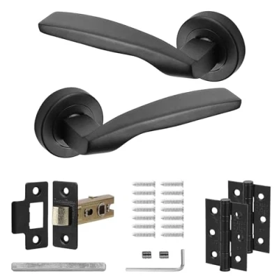Image of Decoranddecor Solitude Matt Black Door Lever Handles On 54mm Rose Aluminium Curved Design (Latch and Hinge Kit)