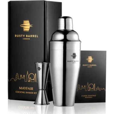 Image of Rusty Barrel Mayfair Cocktail Shaker Set Large 750ml Manhattan Style Stainless Steel With Built in Strainer, 25/50 Double Jigger &amp; Recipe Booklet Presented a Beautiful Gift Box