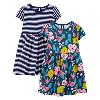 Image of Simple Joys by Carter&#039;s Baby Girls&#039; Short Sleeve and Sleeveless Dress Sets, Pack of 2 Casual, Navy Floral Print/White Stripes, 4 Years