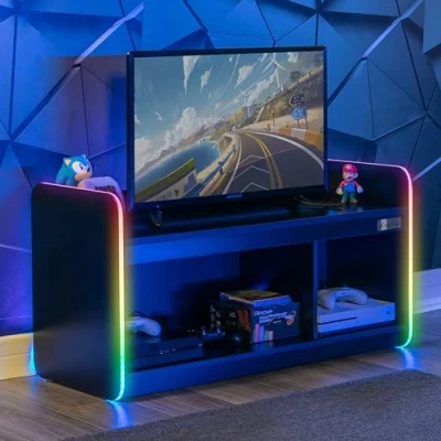Image of X Rocker Electra LED TV Unit 2 Shelf Modern Matte MDF Living Room Cabinet Media Stand Furniture App Controlled RGB Light BLACK 107cm 42&quot;
