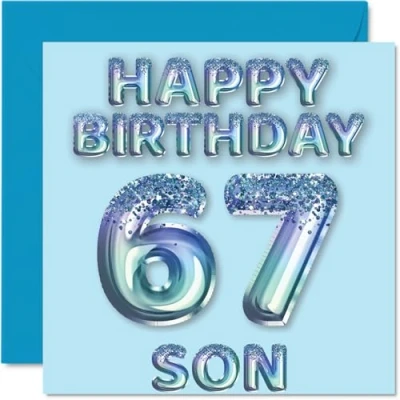 Image of 67th Birthday Card for Son Blue Glitter Party Balloons Happy Cards 67 Year Old from Mum Dad Parents, 145mm x Bday Greeting Gift