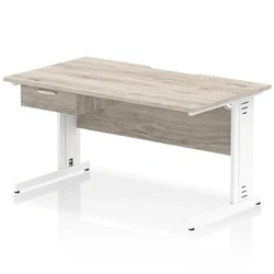 Image of Impulse 1400 x 800mm Scalloped Edge Office Desk Grey Oak Top White Cable Managed Leg Workstation 1 Drawer Fixed Pedestal