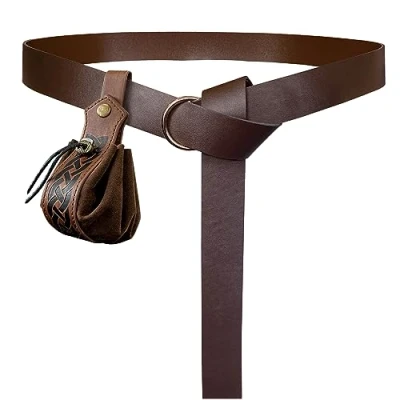 Image of HiiFeuer Medieval O Ring Belt with Retro Nordic Drawstring Pouch, Renaissance Faux Leather and Purse Set for LARP (Brown C)