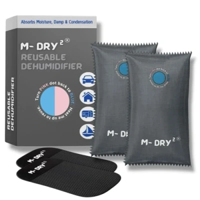 Image of M Dry 2 Car Dehumidifier Bag Reusable Moisture Absorber with Strong Indicator Prevents Damp, Condensation, Mould &amp; Odours Sleek Grey Design Eco Friendly Home, Kitchen, Cupboard Interior.