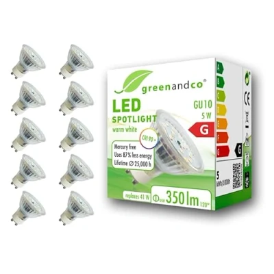 Image of greenandco® LED spotlight replaces 30 watt GU10 halogen spotlight, 4 W 320 lumen 2700K warm white SMD 120 230V AC glass with protective glass, not dimmable., GU10, 4.00 wattsW, 230.00 voltsV