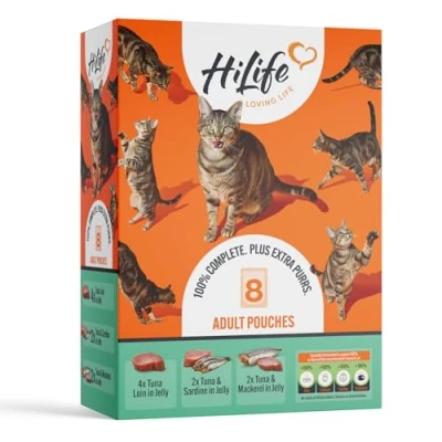 Image of HiLife Adult Wet Cat Food, Mixed Seafood Recipes in Jelly, Complete Food Pouches, 100% Natural &amp; Grain Free, 4x Tuna Loin / 2x Sardine Mackeral (8 x 70g Pouches)