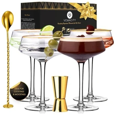 Image of Vemacity Martini Glasses Set of 4 with Gold Rims Vintage Glass Bar Spoon &amp; Double Sided Jigger Champagne Coupe Cocktail Recipe e Book (PDF) Espresso