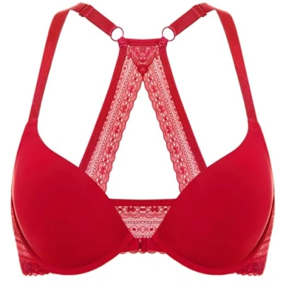 Image of DOBREVA Women&#039;s Push Up Bra Front Fastening Bras T Shirt Racer Back Padded Underwired Plunge Lipstick Red 36B