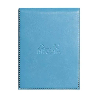 Image of RHODIA 128207C Clipboard Case + Stapled Notepad N12 Turquoise 8.5x12 cm Lined 80 Detachable Sheets 80G White Clairefontaine Paper Pencil Holder Faux Leather Rhodiarama Collection
