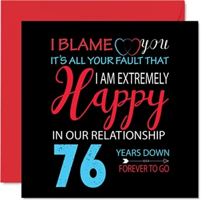 Image of Funny 76th Anniversary Card for Husband Wife Your Fault I&#039;m Extremely Happy Wedding Partner, 145mm x Greeting Cards Seventy Sixth Anniversaries
