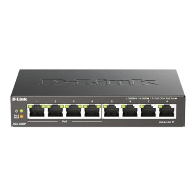 Image of D Link DGS 1008P 8 Port Gigabit Unmanaged Desktop PoE Switch, 80W Power Budget, Metal, Fanless, Black
