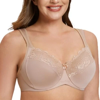 Image of MELENECA Women&#039;s Minimizer Bra Full Coverage Plus Size Underwire Lace Comfort Cushion Strap Beige 38B