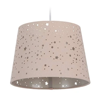 Image of Relaxdays Children’s Hanging Lamp with Star Design, Kids’ Ceiling Light, Round Fabric Lampshade, Pink, Plastic