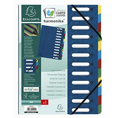 Image of Exacompta Ref 55122E Harmonika Multipart File 24.5 x 32cm in Size, Suitable for A4 Documents, 12 Multi Coloured Tabbed Sections, Premium Pressboard Cover Blue