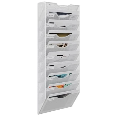 Image of EasyPAG 10 Tier A4 Mesh in Tray Wall Pocket File Holder Mail Organiser Magazine Storage Rack,White